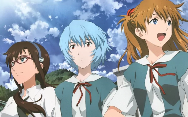 HD PC desktop wallpaper featuring Mari Makinami Illustrious, Asuka Langley Sohryu, and Rei Ayanami from Evangelion: 2.0 You Can (Not) Advance in a bright outdoor scene.