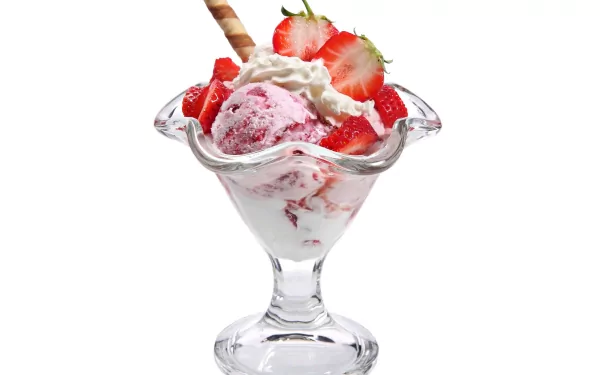 A glass dessert cup filled with strawberry ice cream, fresh strawberries, whipped cream, and a wafer stick, presented as a vibrant 4K Ultra HD PC desktop wallpaper.