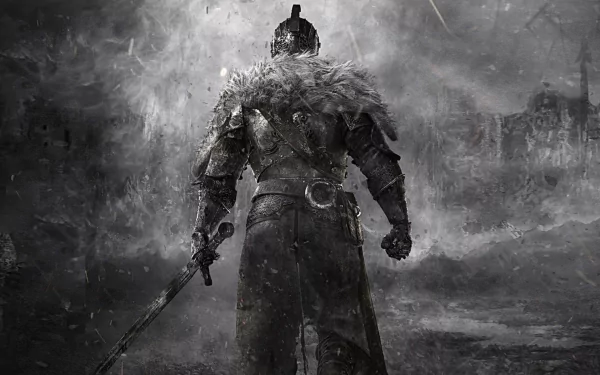 HD desktop wallpaper of Dark Souls II featuring a lone warrior standing in a dark, desolate landscape, holding a sword with his back turned towards the viewer.