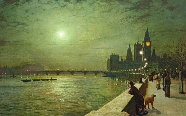 A serene painting of a riverside scene at night, featuring figures strolling along the water with boats and the iconic architecture of London in the background, designed as a 4K Ultra HD wallpaper.