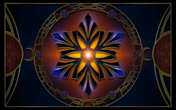 Abstract fractal design with vibrant blue, gold, and orange hues forming a symmetrical pattern, presented as an HD PC desktop wallpaper and background.