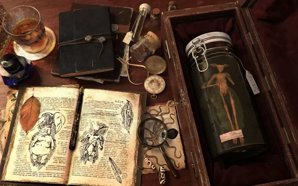 HD still life photography of vintage scientific and anatomical objects, including an open illustrated book, glass jars, a compass, and handwritten notes on a wooden surface.