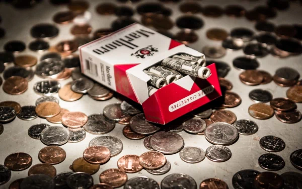 HD desktop wallpaper featuring a man-made arrangement of a Marlboro cigarette pack filled with rolled dollar bills, surrounded by scattered coins.
