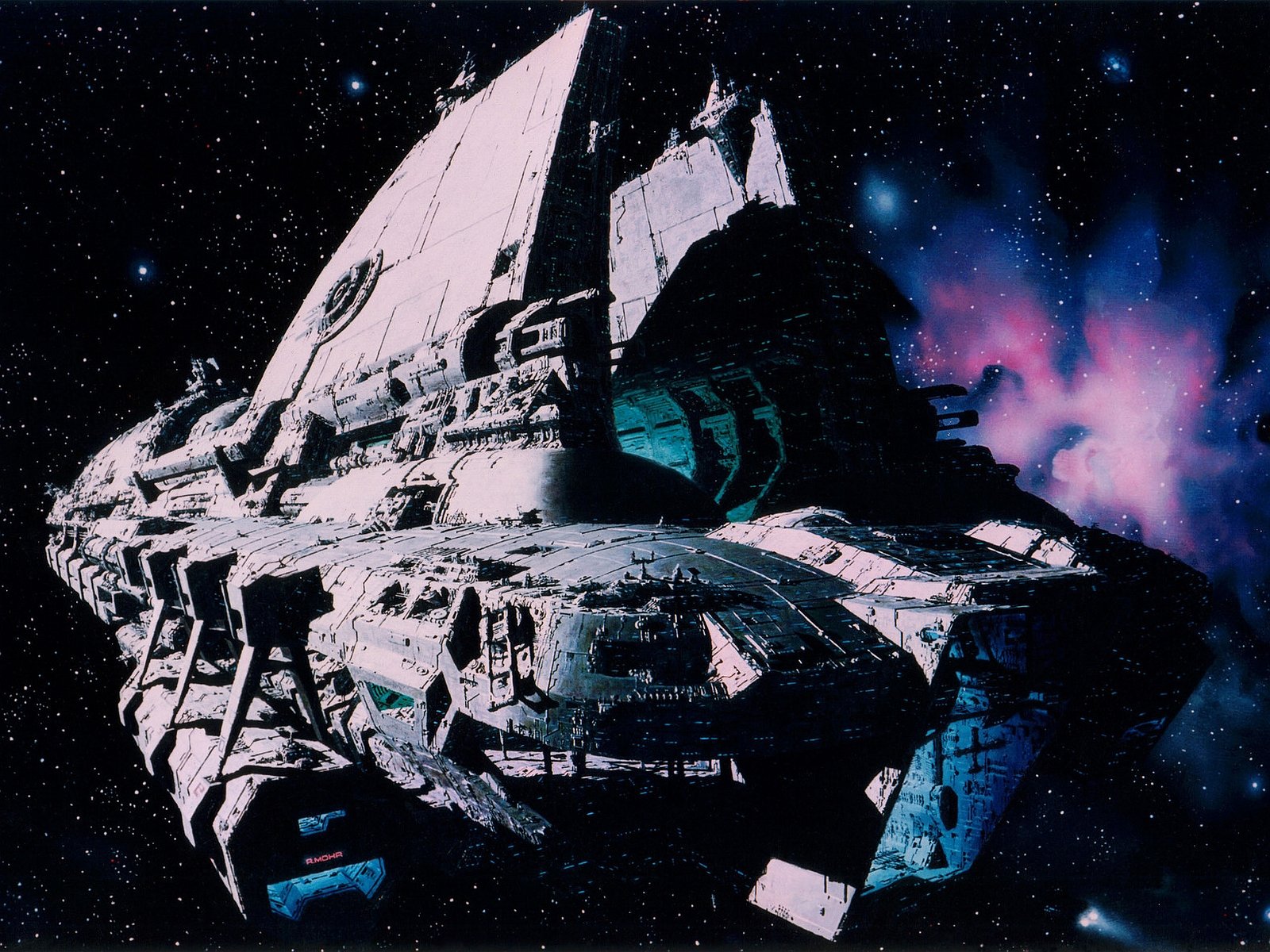 HD PC desktop wallpaper featuring a detailed sci-fi spaceship cruising through a starry space backdrop with colorful nebula clouds.