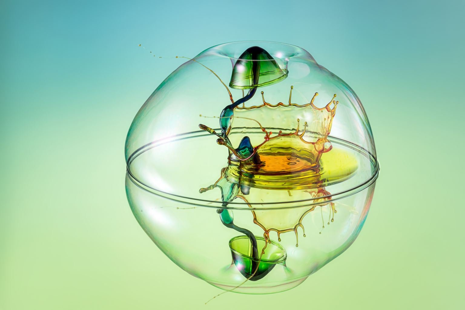 Artistic photography HD PC desktop wallpaper and background: a translucent bubble floats against a soft gradient, holding a golden liquid splash crown and glossy green reflective pods.