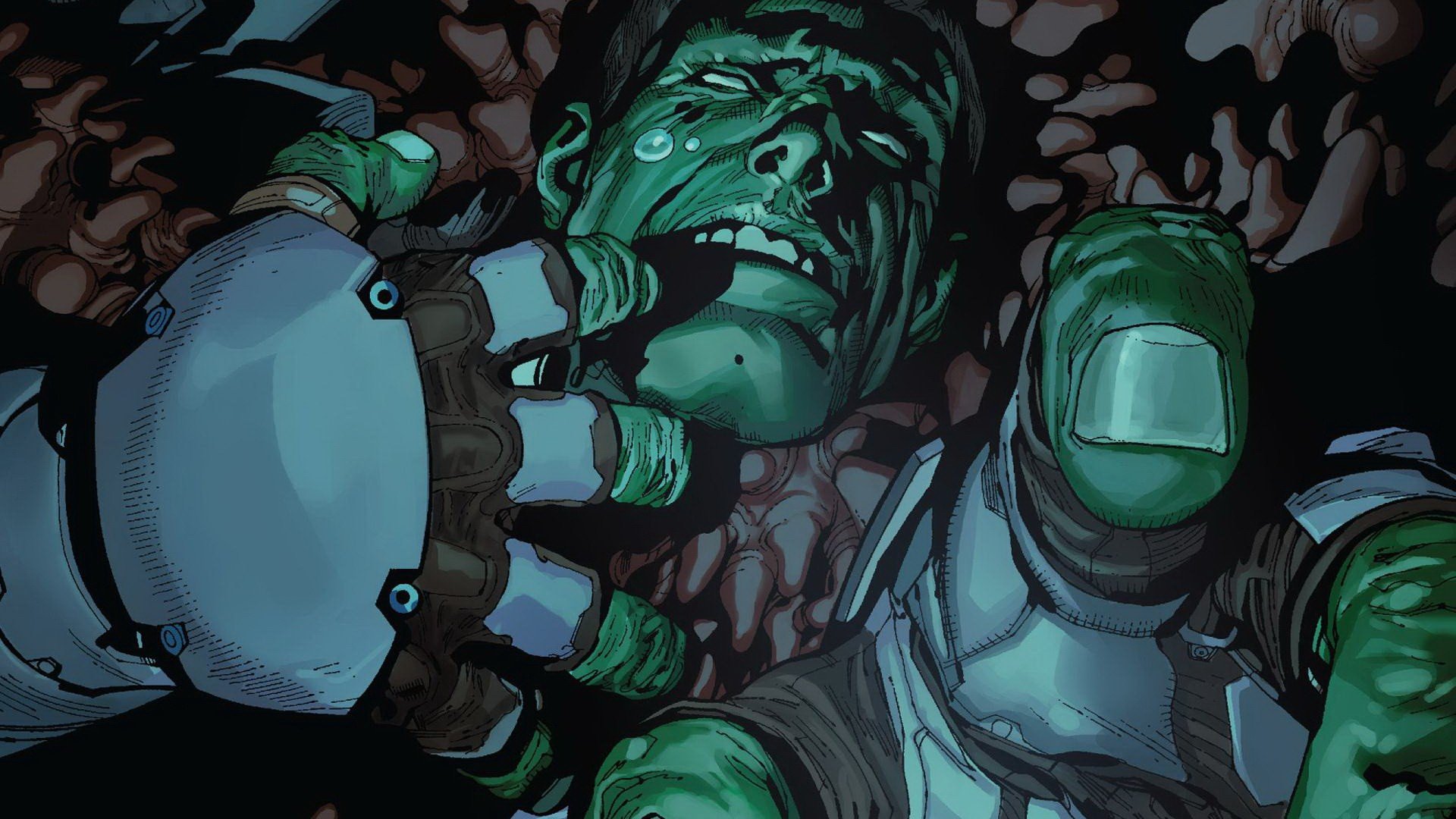 HD comic-style desktop wallpaper featuring the Hulk in a dramatic, intense moment with detailed shading and a dynamic close-up perspective.