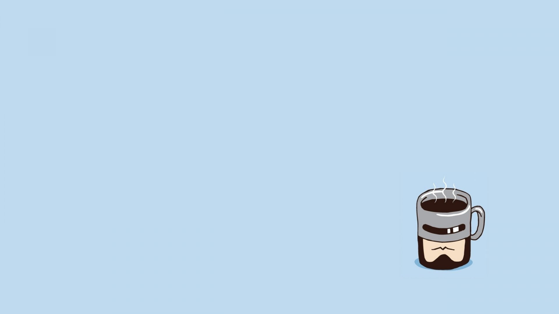 2K Quad HD PC desktop wallpaper: pale blue background with a small, funny RoboCop-style steaming coffee mug character in the bottom-right corner.