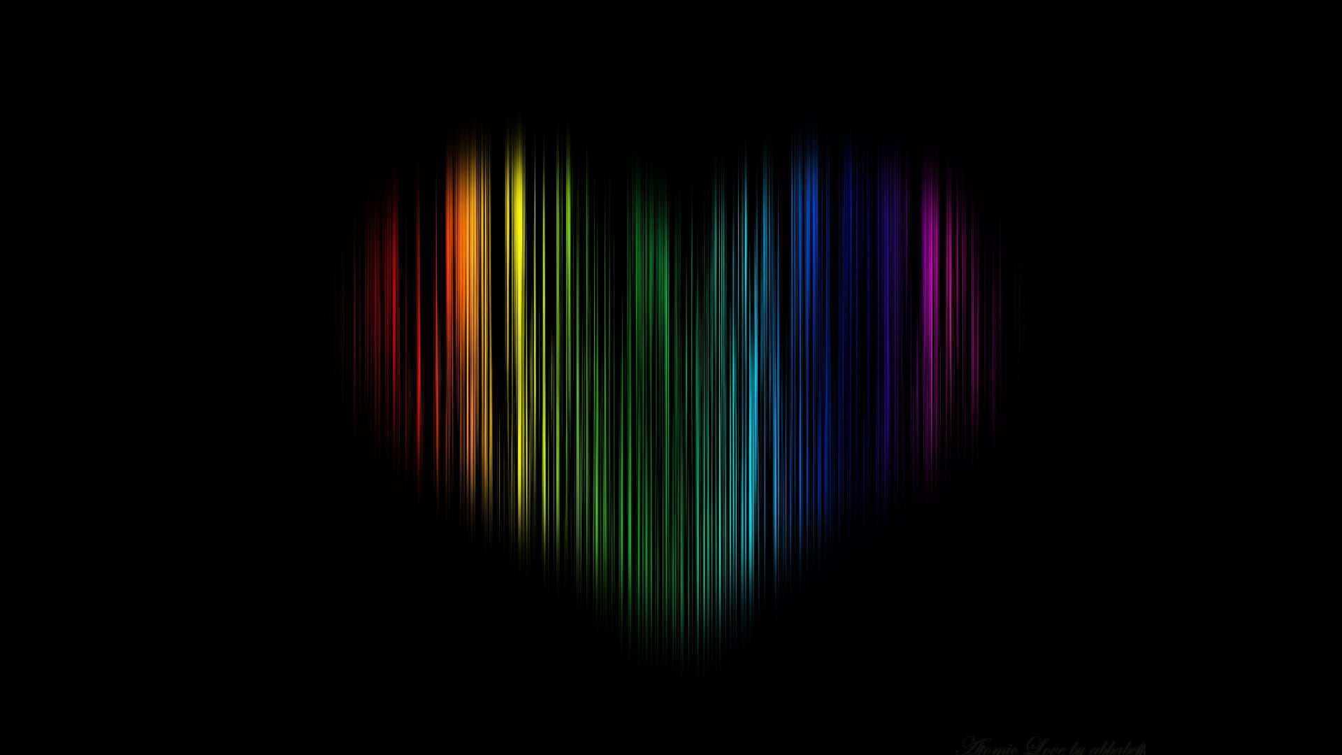 Abstract colorful heart-shaped design of vertical neon lines in rainbow colors on black — HD PC desktop wallpaper and background.
