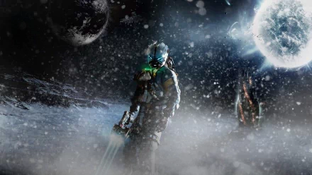 HD PC desktop wallpaper featuring Isaac Clarke from the video game Dead Space 3, set in a dark, snowy alien landscape with moons in the background.