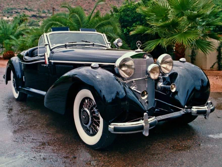 HD PC desktop wallpaper of a glossy black Mercedes-Benz 540K vintage vehicle convertible parked on wet pavement with palm trees in the background.