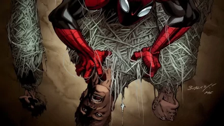 HD comic-style desktop wallpaper featuring the Superior Spider-Man in action, capturing the superhero's iconic red and black suit with dynamic web-slinging detail.