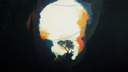 HD wallpaper featuring a stylized landscape view through a cave opening with a silhouette of a tree against a warm-toned backdrop.