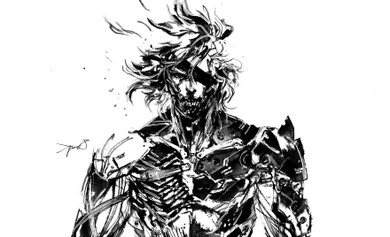 A striking HD wallpaper featuring a character from the video game Metal Gear Rising: Revengeance, showcasing intricate details in a dynamic black and white design.