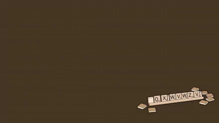 Funny Scrabble scene: scattered rare-letter tiles (Q, X, J, W, V, Z) on a minimalist brown 2K Quad HD PC desktop wallpaper and background.