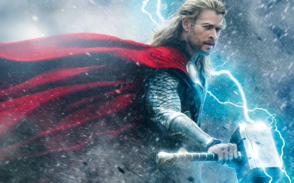 Chris Hemsworth as Thor wields Mjölnir amid lightning and storm in this dynamic 4K Ultra HD wallpaper from Thor: The Dark World.