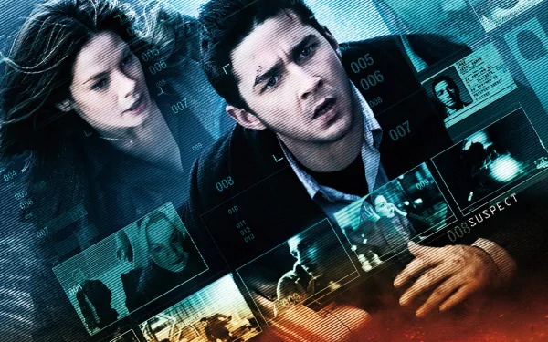 High-definition wallpaper featuring a scene from the movie Eagle Eye, showcasing a tense moment with two characters amidst digital surveillance imagery.