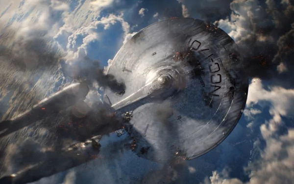 A stunning HD wallpaper from Star Trek Into Darkness, featuring the iconic starship USS Enterprise soaring through clouds in a dramatic, cinematic landscape.