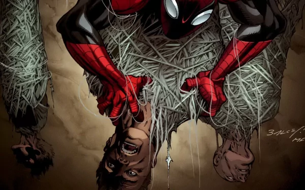 HD comic-style desktop wallpaper featuring the Superior Spider-Man in action, capturing the superhero's iconic red and black suit with dynamic web-slinging detail.