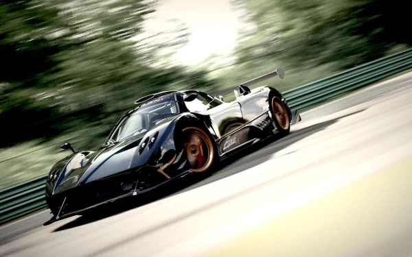 A stunning Pagani Zonda in motion, showcasing its sleek design and bold colors on a blurred racetrack, making for an impressive HD desktop wallpaper and background.