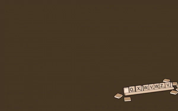 Funny Scrabble scene: scattered rare-letter tiles (Q, X, J, W, V, Z) on a minimalist brown 2K Quad HD PC desktop wallpaper and background.