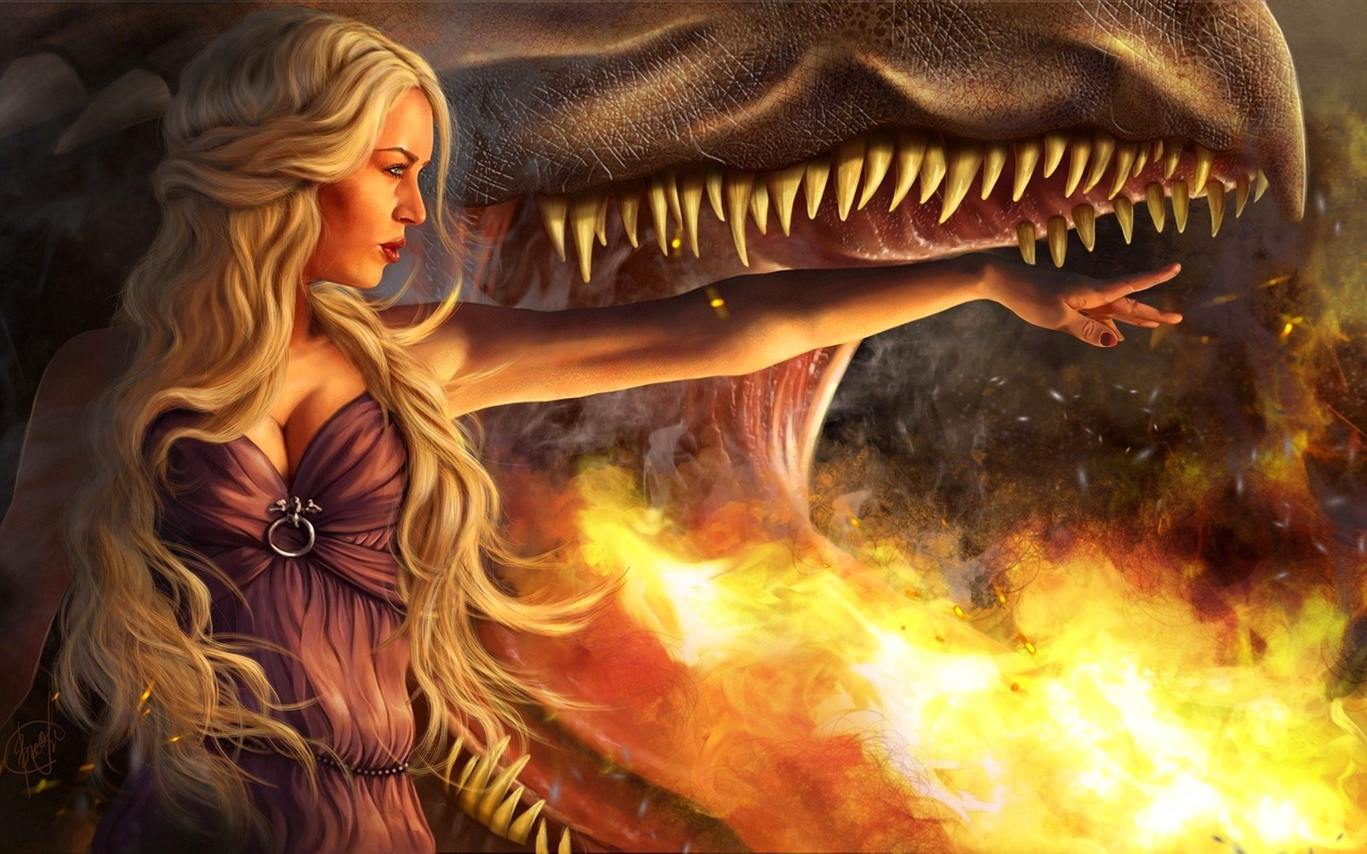 Daenerys Targaryen commands a dragon amid flames in this vibrant HD wallpaper from the TV show Game of Thrones, capturing her fierce and formidable presence.