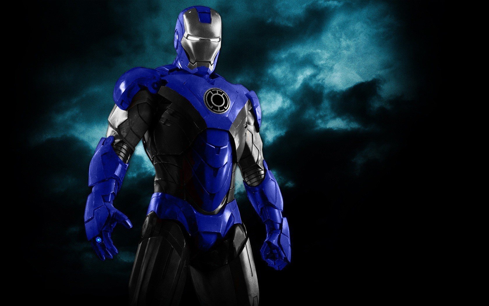 HD PC desktop wallpaper featuring Iron Man in a sleek blue and silver suit, set against a dramatic cloudy background from the movie.
