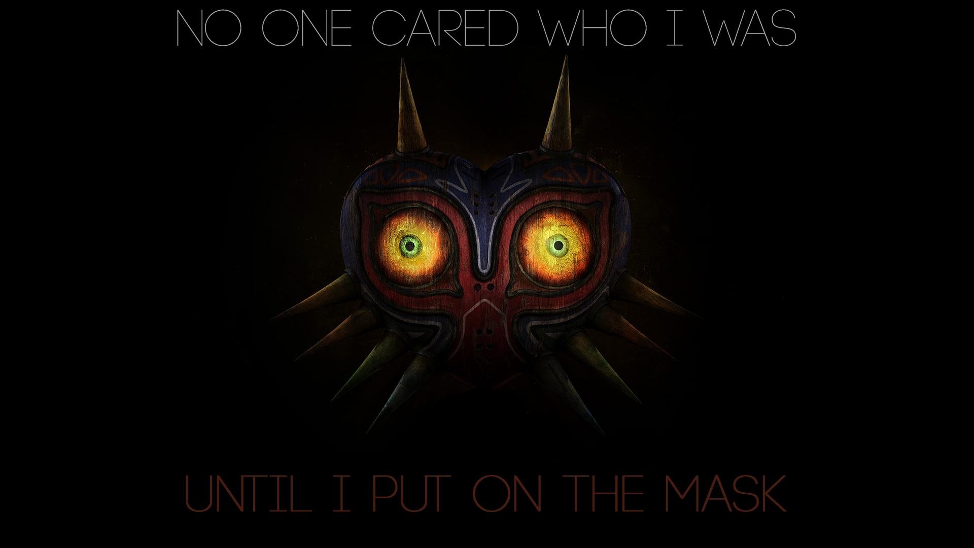 HD PC desktop wallpaper of Majora's Mask from The Legend of Zelda: Majora's Mask — the mask's glowing eyes on a black background with text No one cared who I was / Until I put on the mask.