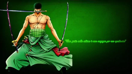 HD desktop wallpaper featuring Roronoa Zoro from the anime One Piece, holding two katana swords against a green background.