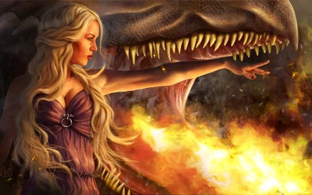 Daenerys Targaryen commands a dragon amid flames in this vibrant HD wallpaper from the TV show Game of Thrones, capturing her fierce and formidable presence.
