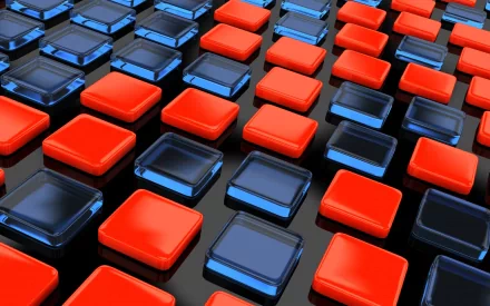 HD CGI desktop wallpaper featuring a 3D abstract pattern of red and blue translucent square blocks on a glossy black surface.