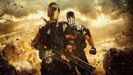 Dynamic HD wallpaper from Army of Two: The Devil's Cartel, featuring two characters in combat gear, poised against a backdrop of explosions and chaos.