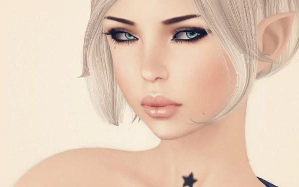 A fantasy-themed image of an elf with striking features, short light hair, and captivating blue eyes, designed as a HD desktop wallpaper and background.