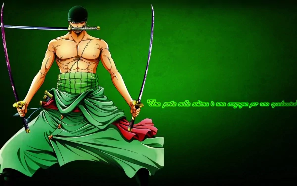 HD desktop wallpaper featuring Roronoa Zoro from the anime One Piece, holding two katana swords against a green background.