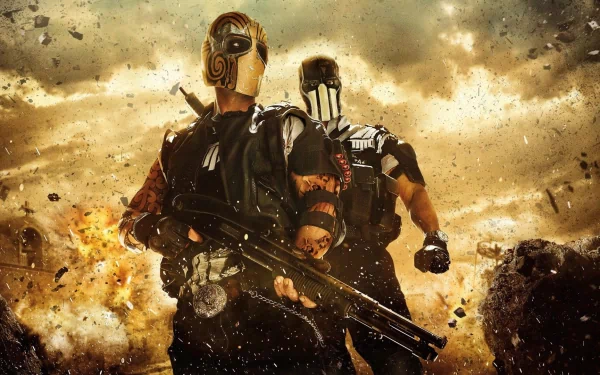 Dynamic HD wallpaper from Army of Two: The Devil's Cartel, featuring two characters in combat gear, poised against a backdrop of explosions and chaos.