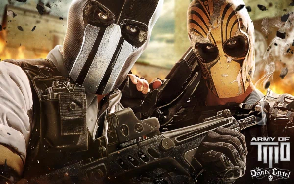 HD desktop wallpaper featuring characters from Army of Two: The Devil's Cartel, showcasing two masked operatives in an action-packed scene with weapons and explosive effects.