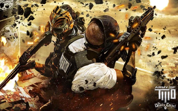 Dynamic HD wallpaper from the video game Army of Two: The Devil's Cartel, featuring two masked characters in an intense action scene amidst explosions and debris.