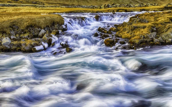 HD nature desktop wallpaper showcasing a flowing stream cascading over rocks through a grassy landscape.