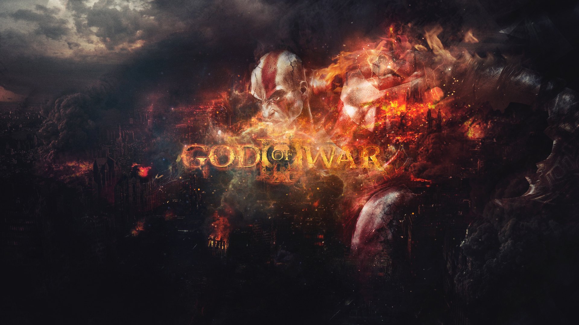 HD desktop wallpaper featuring the video game God of War. The image shows a fiery, intense background with the protagonist's face partially visible and the game's logo prominently displayed.