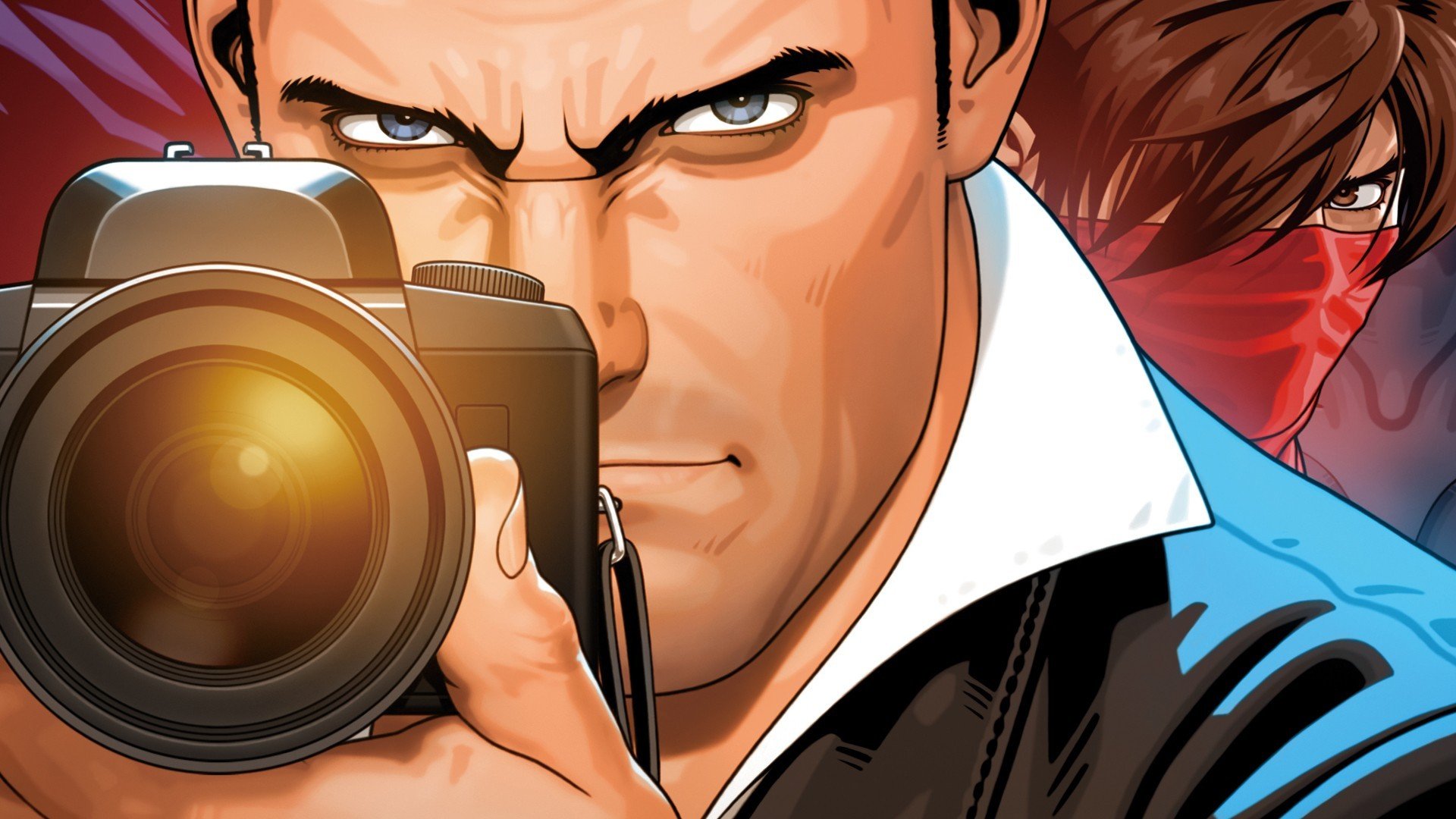 HD PC desktop wallpaper: close-up comic-style portrait of a determined man aiming a camera, dynamic artwork from the video game Ultimate Marvel vs. Capcom 3.