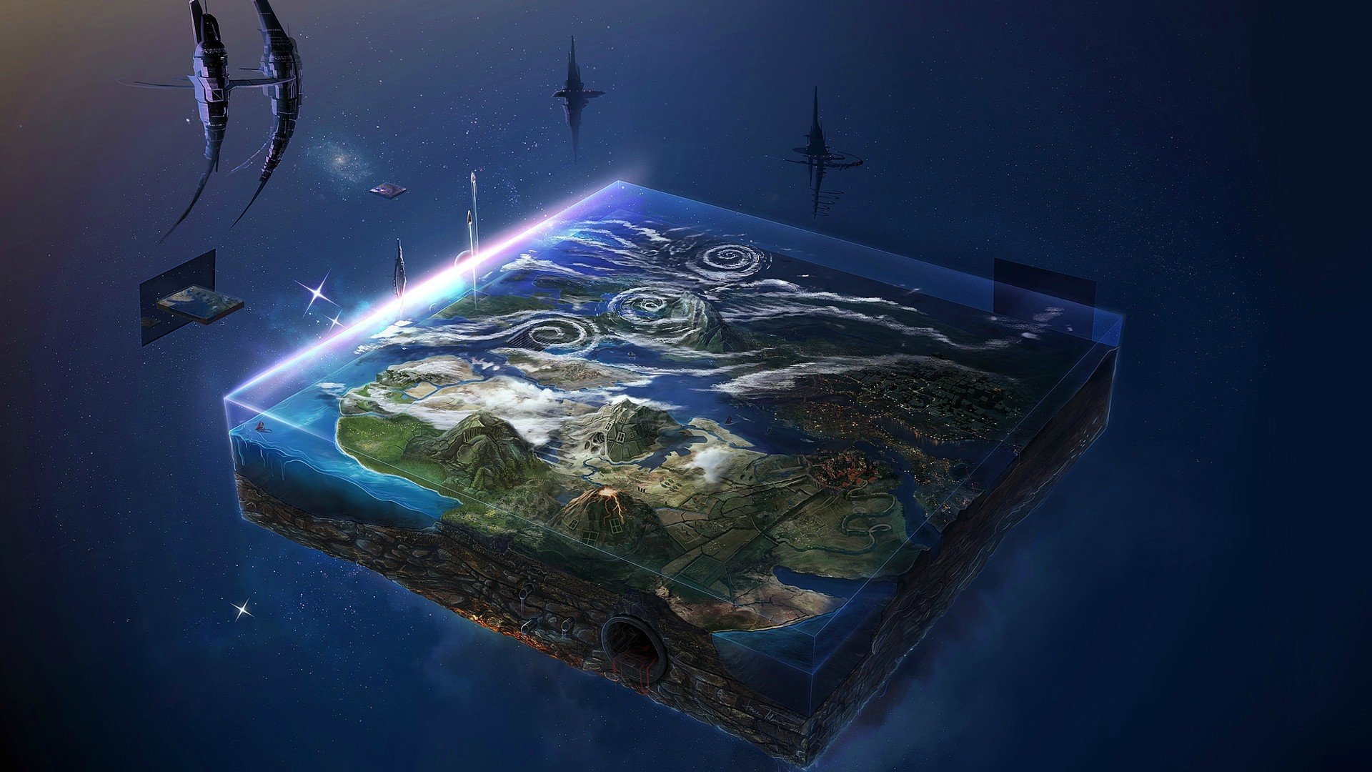 Artistic HD PC desktop wallpaper featuring a glowing, floating cube of Earth suspended in space with detailed landmasses and swirling weather patterns.