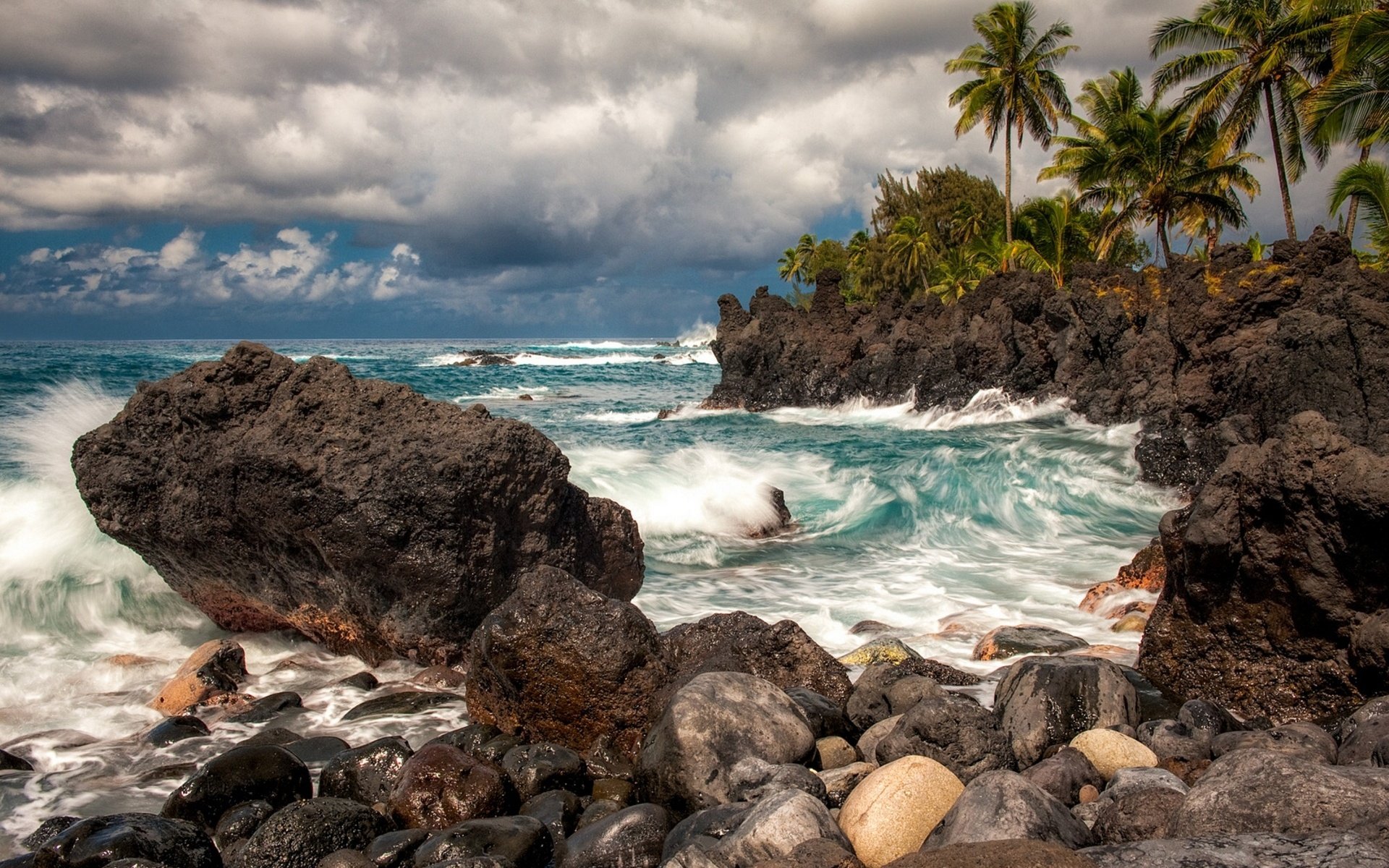 HD PC desktop wallpaper featuring a dramatic ocean scene with crashing waves, rocky shore, and lush palm trees under a cloudy sky in a vibrant natural setting.