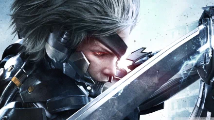 HD PC desktop wallpaper featuring Raiden from the video game Metal Gear Rising: Revengeance, poised with his glowing sword ready for battle.