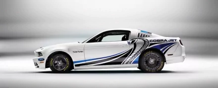 A sleek Ford Mustang Cobra Jet with twin-turbo features bold graphics, set against a clean, minimalist background. This high-definition image serves as an eye-catching desktop wallpaper.