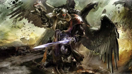 A striking HD desktop wallpaper featuring a Warhammer 40k character, adorned with wings, wielding a sword and a weapon, set against a dramatic, dark background.