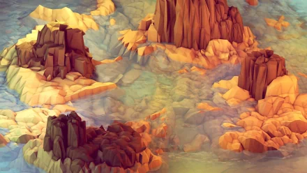A vibrant polyscape featuring stylized, angular rock formations amidst a colorful, abstract background, designed as a high-definition PC desktop wallpaper.
