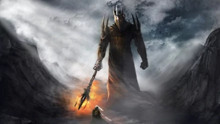HD desktop wallpaper featuring Morgoth from The Lord of the Rings, standing imposing with dark armor and a fiery mace in a stormy, fantasy landscape.