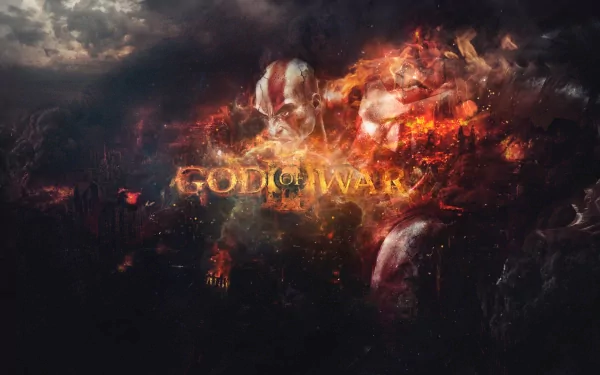 HD desktop wallpaper featuring the video game God of War. The image shows a fiery, intense background with the protagonist's face partially visible and the game's logo prominently displayed.