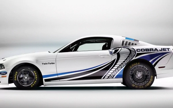 A sleek Ford Mustang Cobra Jet with twin-turbo features bold graphics, set against a clean, minimalist background. This high-definition image serves as an eye-catching desktop wallpaper.