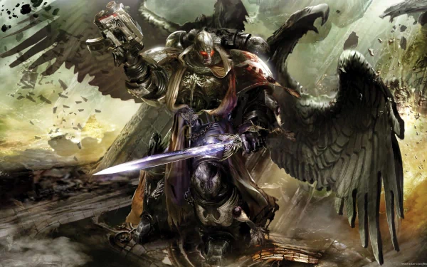 A striking HD desktop wallpaper featuring a Warhammer 40k character, adorned with wings, wielding a sword and a weapon, set against a dramatic, dark background.