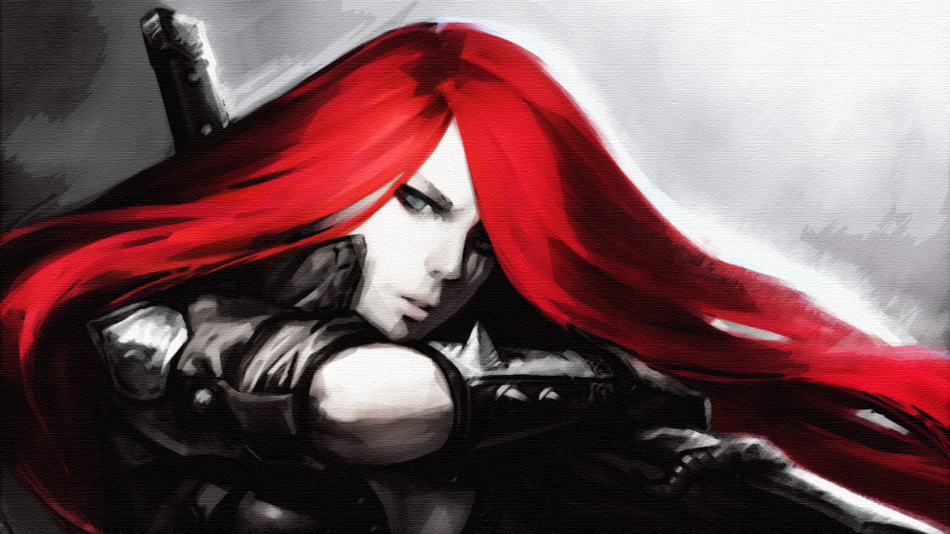 HD PC desktop wallpaper featuring Katarina from the video game League of Legends with striking red hair and a focused expression.
